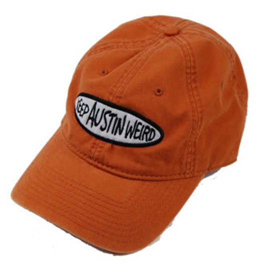 The Keep Austin Weird Tie Dye Burnt Orange Cap features an embroidered patch.
The cotton cap supports local business.