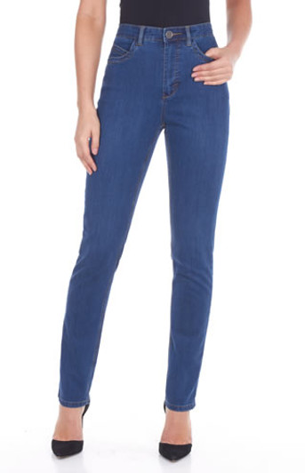 The Suzanne slim leg jean features five pockets with zipper front and one button, traditional belt loops and embroidered detail back pockets
This natural fit regular rise features a slim leg
The gently curved shape follows the body's contours
The bottom of the waistband sits slightly below the body's natural waist
Tailored hips and slimmer thighs create a long lean look while ensuring maximum comfort
30" inseam  
76% cotton 22% polyester 2% spandex 9oz denim 
Machine Wash 
Style#8473250