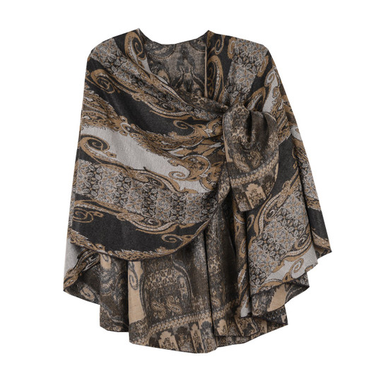 Rapti 100% Cashmere Baroque Pattern Reverse Loop Shawl #47 (BLK/TAN/GRY)