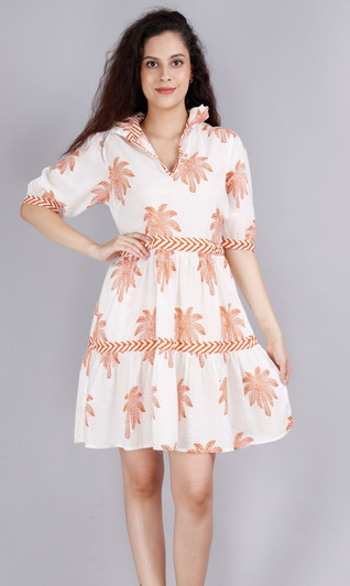 Be Boho Palm Print Tiered Pocket Dress (SDR230) WHT/BO