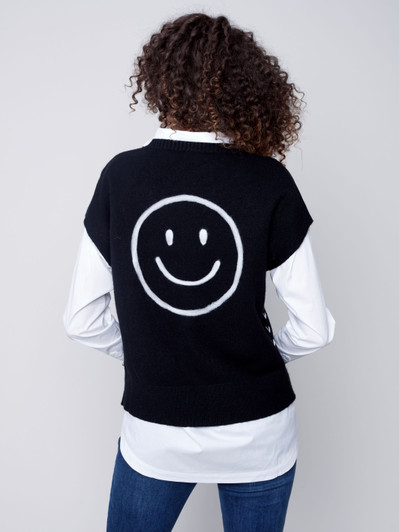 Charlie B Smiley Face Back Side Whip Stitch Sweater Vest (C2594/736A) BLK