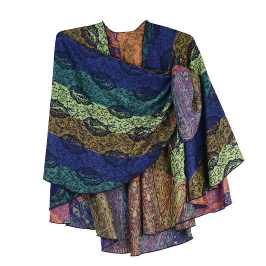 Rapti 100% Cashmere Lacy Leaf Reversible Loop Shawl (#43) BLU/GRN-COR/PURP