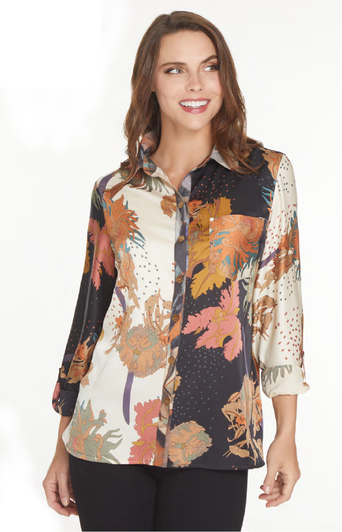 John Mark Satin Floral Print Roll Sleeve Blouse (J43732B) BLK/IVRY/MULTI