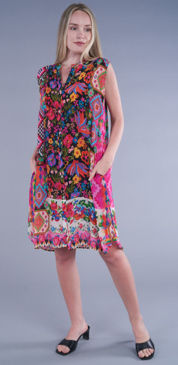 Shana Silk Viscose Mixed Floral/Print Sleeveless Pocket Dress (24431-PINK-6-VS616A)