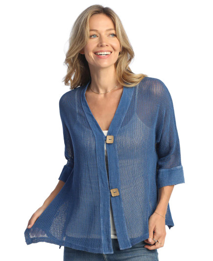 Jess & Jane Mineral Washed Cotton Flounce Hem Mesh Cardigan With 2-Button Closure (3 Colors) (M116)