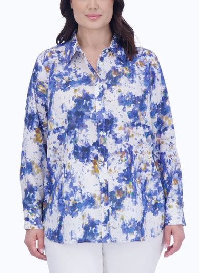 Foxcroft Plus Meghan Abstract Watery Floral Shirt (201855) BLU/MULTI