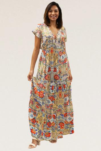 Kyla Seo Gypsy Multi-Floral Dolman Sleeve V-Neck Long Dress (LKRE151-P308) PALE YEL/MULTI