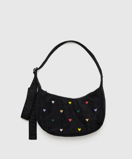 Baggu Small Nylon Crescent Bag - Embroidered Hearts