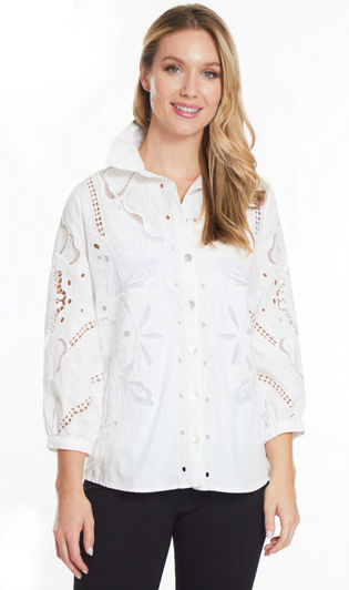 John Mark Embroidered Floral Eyelet Cutout Shirt (J24444BM) WHT