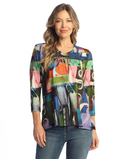 Jess & Jane Barcelona Rounded V-Neck Top (BLK/MULTI)