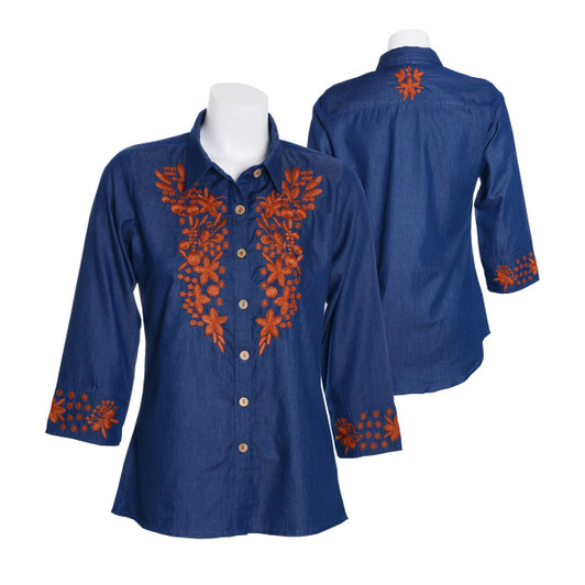 Parsley & Sage Embroidered Jolie Shirt (18T48G) Denim + Burnt Orange