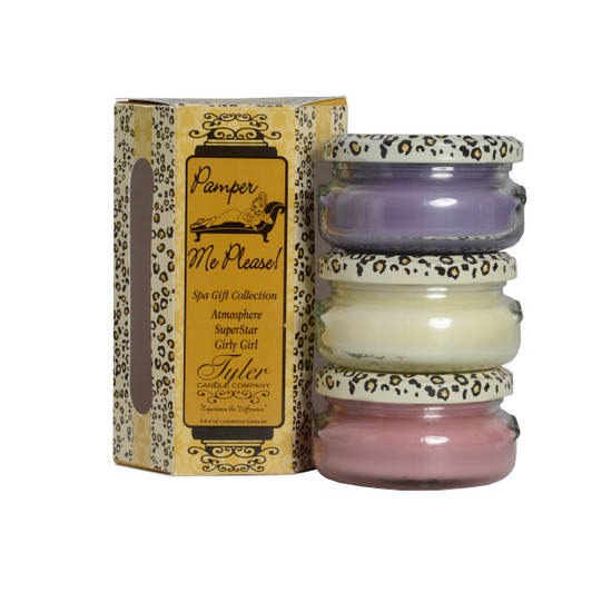 Pamper Me Please Gift Set Includes

3-3.4 oz Candles in Atmosphere, Girly Girl and Superstar
All in a Decorative Gift Box