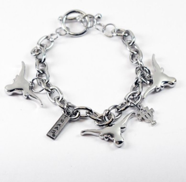 Texas Longhorn All Silver Tone Charm Bracelet (3333510)