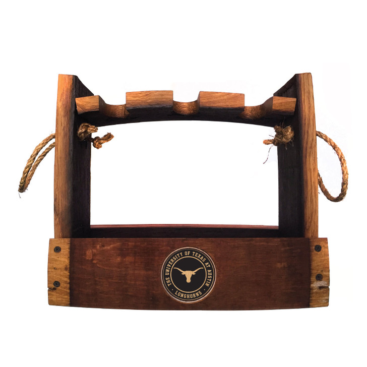 Texas Longhorn Medallion Barrel Wood Wine Bottle Caddy (UTX-WBC)