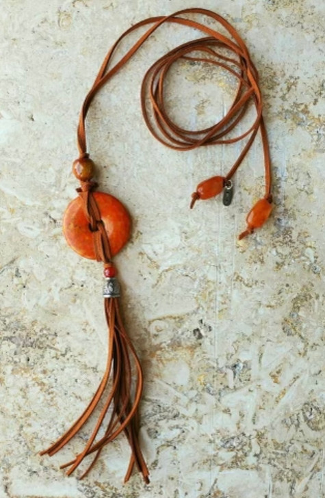 Treska Cord Necklace with Texas Orange Stone Disk (SP20217)