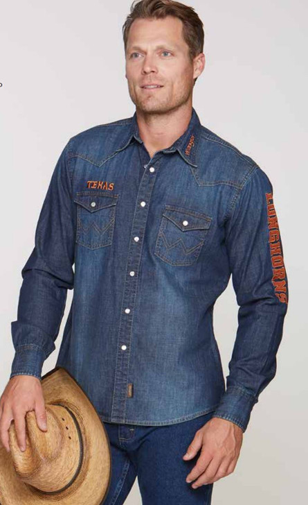 Texas Longhorn Wrangler Denim Western Snap Front Shirt (WRWL11182)