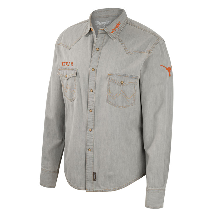 Texas Longhorn Wrangler Western Snap Mens' Denim Shirt (WRWL11298G) GREY