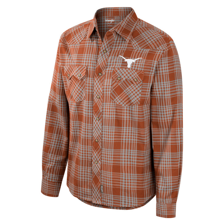 Texas Longhorn Wrangler Mens' Logo Plaid Snap Shirt (WRL11290) BO