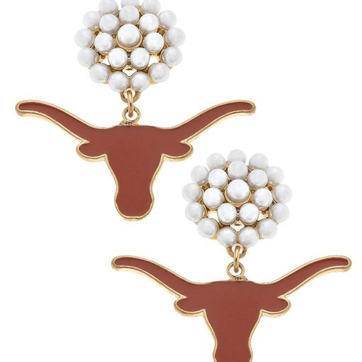 Canvas Style Texas Longhorn Pearl Cluster Post Enamel Drop Earring