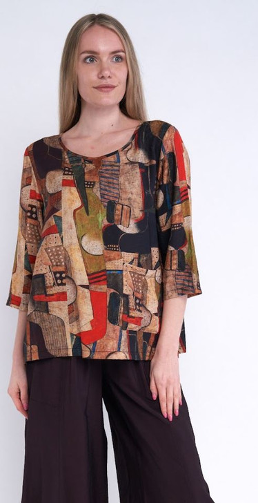 Shana Abstract Print One Pocket Top (23500-BROWN-6) BRN/BLK/RED