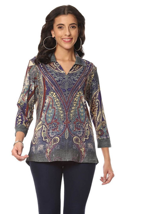 Parsley & Sage Zoe India Paisley Collared Top (23W204C27) GRY/NVY/MAROON
