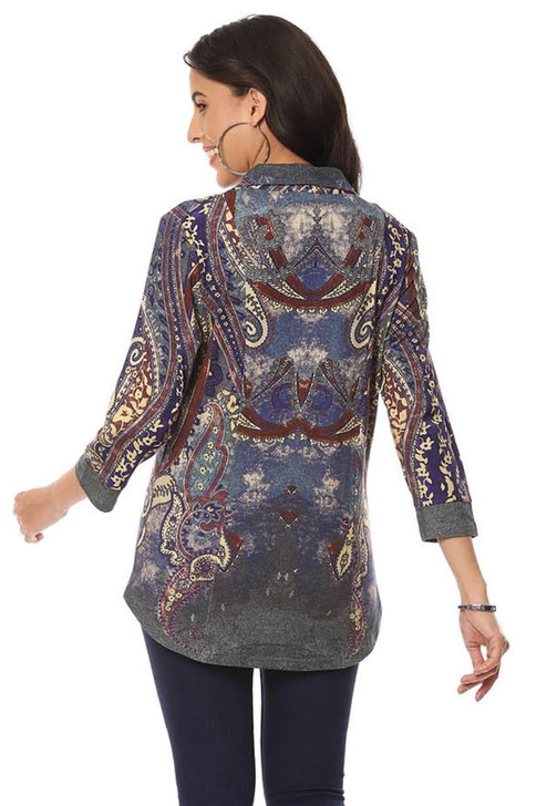 Parsley & Sage Zoe India Paisley Collared Top (23W204C27) GRY/NVY/MAROON