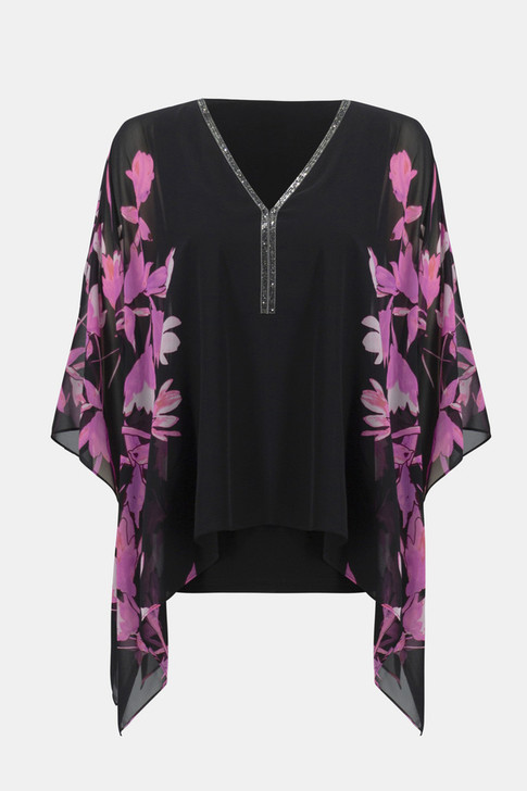 Joseph Ribkoff Drapey Chiffon Cape Sleeve Top (234199-435) BLK/PNK