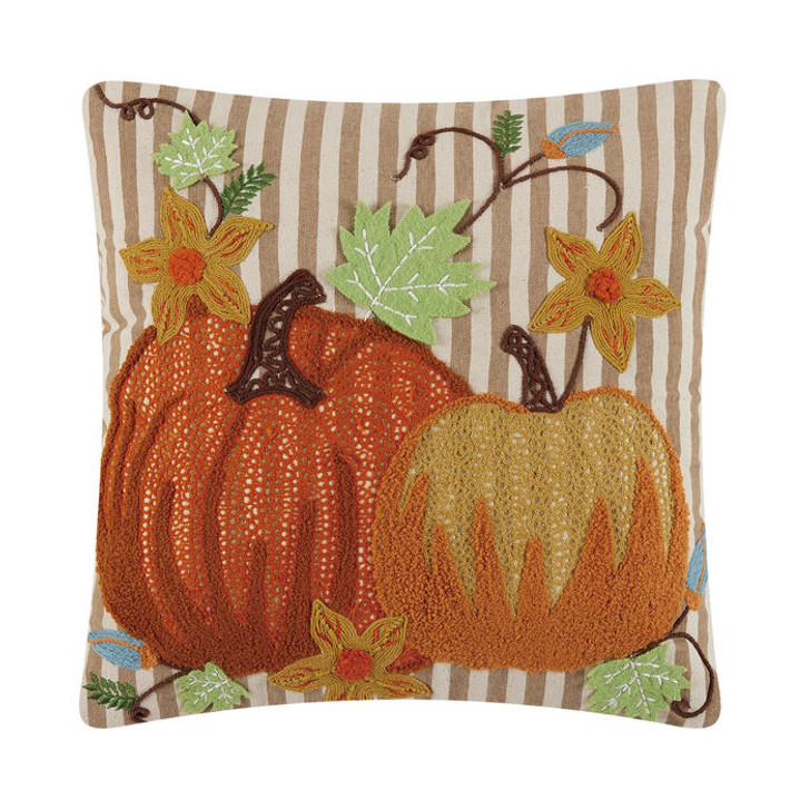 Pair of Pumpkins Embroidered & Felt Accents Square Pillow (TANSTRIPE/MULTI)