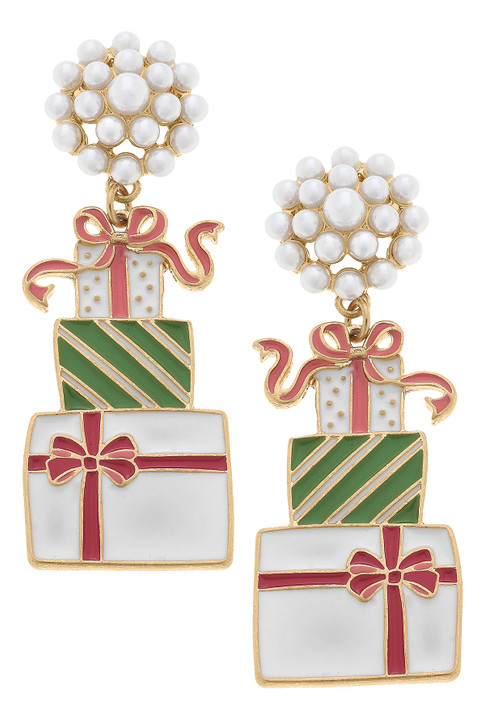 Canvas Style Stacked Presents Enamel Earrings (24582E-GD) WHT/GRN/PNK