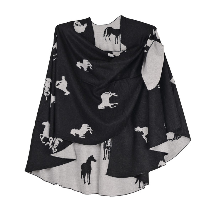 Rapti 100% Cashmere Horses Print Reversible Loop Shawl #123 (PSC-SHAWL-HORSE) BLK/WHT