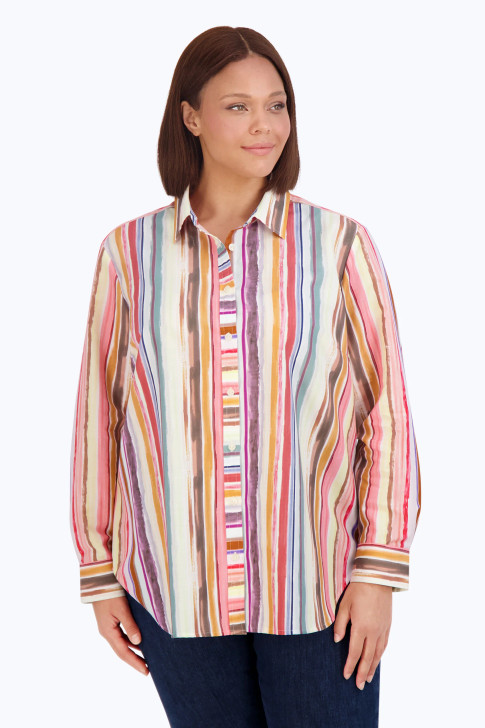 Foxcroft Plus Boyfriend Watercolor Multi-Stripe Tunic (200866)