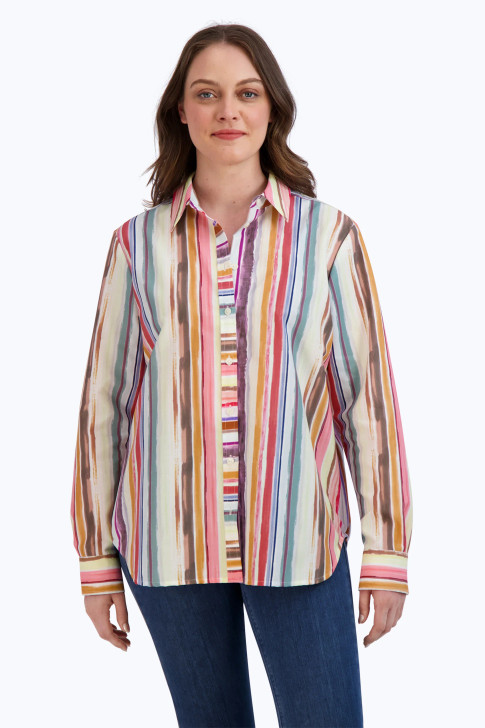 Foxcroft Boyfriend Watercolor Multi-Stripe Tunic (200511)