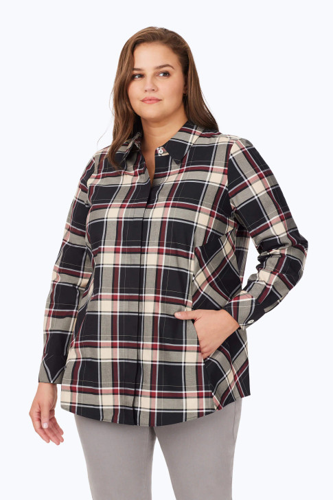 Foxcroft Plus Cici Toasted Tartan Plaid Tunic (198996) BLK/MAROON/IVRY