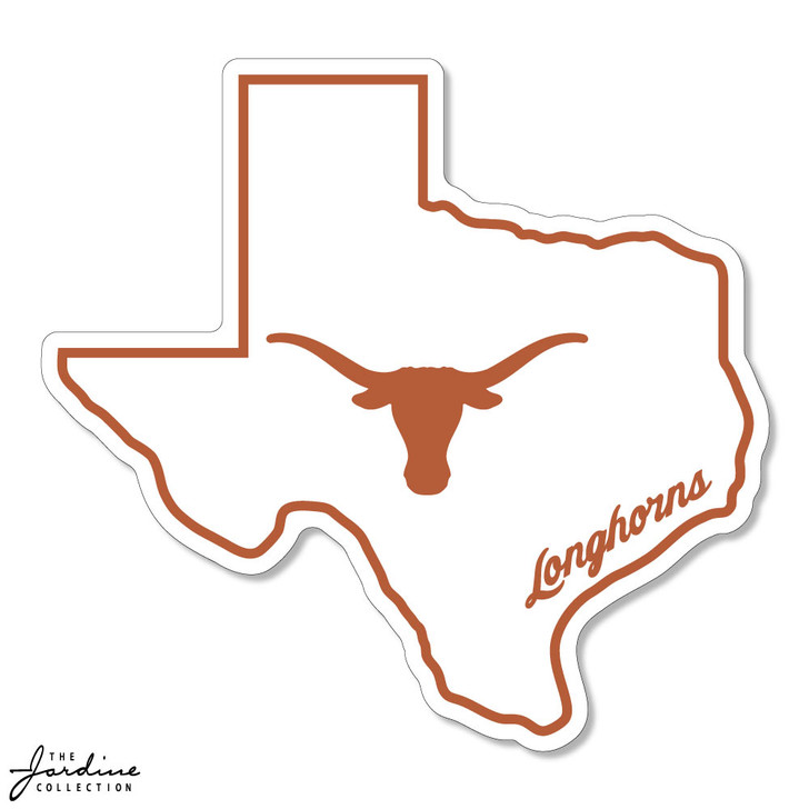 Texas Longhorn Texas State Outline with Logo & Script Longhorns 6" Vinyl Sticker (VD6-15) WHT