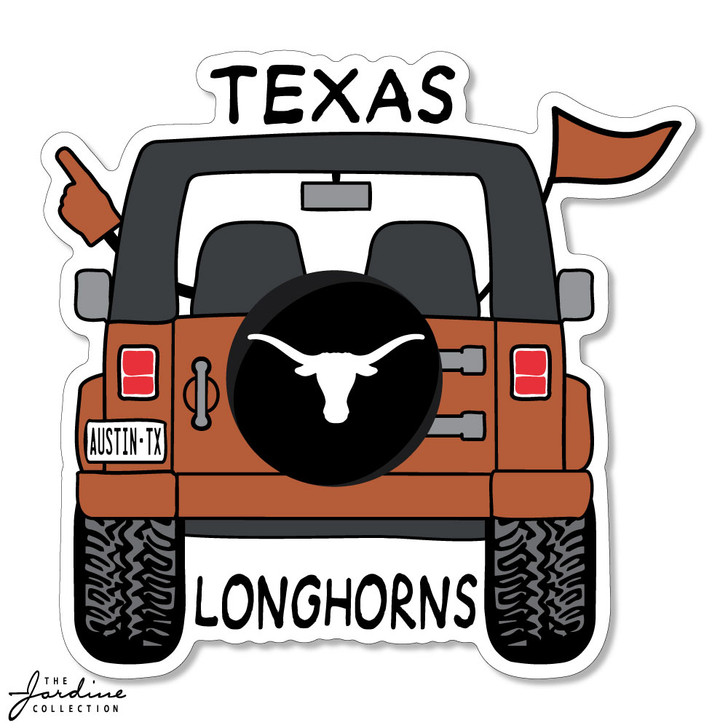 Texas Longhorn Jeep with Flag & Foam Finger 5" Textured Sticker (TSS-18)