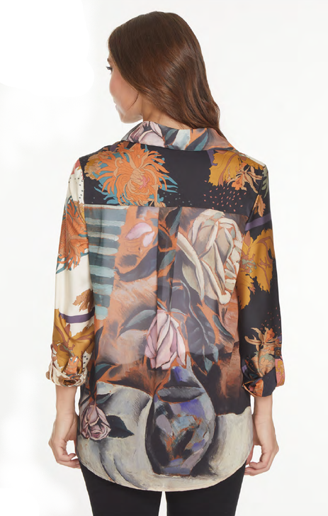 John Mark Satin Floral Print Roll Sleeve Blouse (J43732B) BLK/IVRY/MULTI