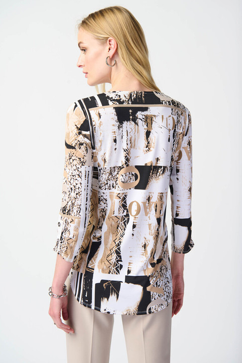 Joseph Ribkoff Abstract Print Zip Front Tunic (241310-2539) WHT/BLK/TAN