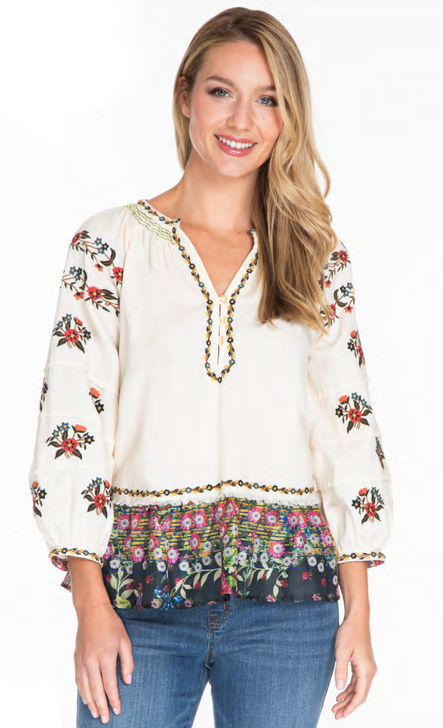 John Mark Embroidered Pintuck Sleeve Split Neck Ruffled Hem Top (J14834TM) IVRY/MULTI