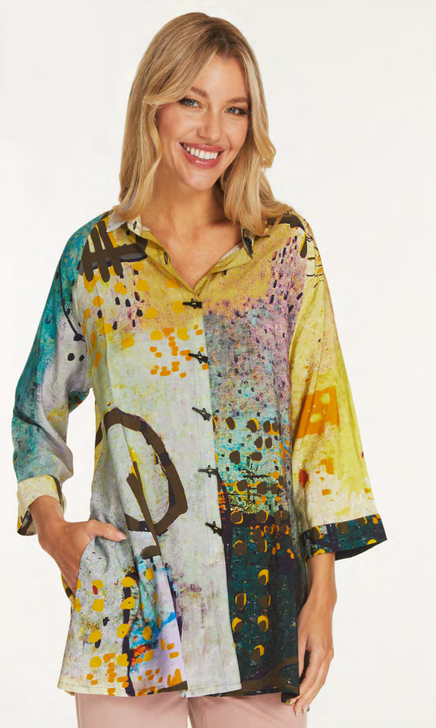 Ali Miles Abstract Print Woven Button Front Tunic (A14503BM) Yellow + Teal