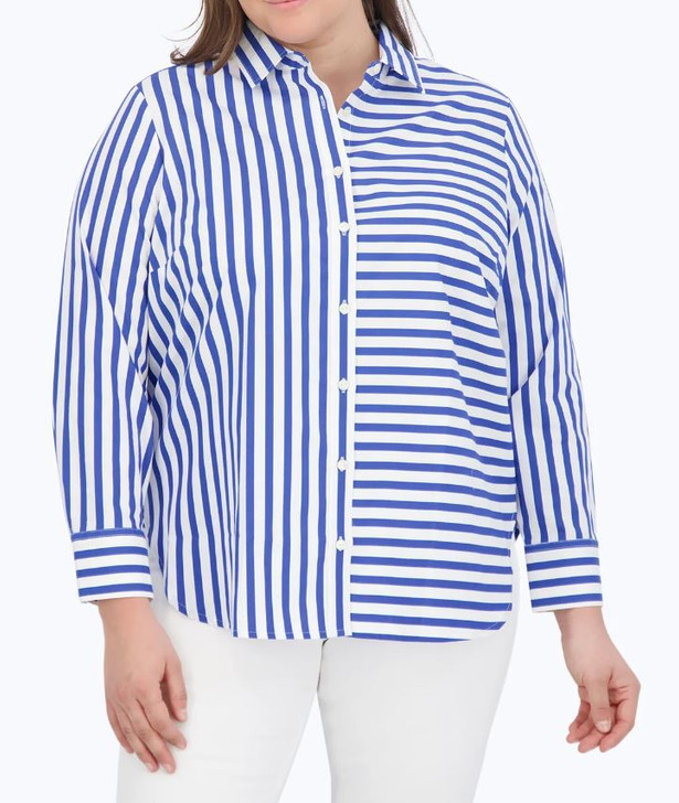 Foxcroft Plus Meghan Stripe Gingham Combo Shirt (201975) BLU/WHT 