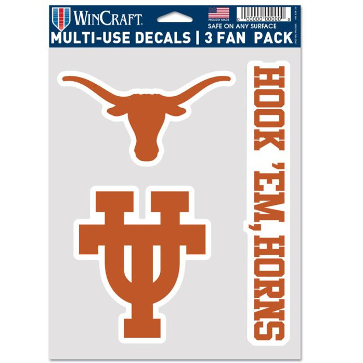 Texas Longhorn 5.5x7 3 Piece Fan Pack Logo/UT/Hook 'em Decals (08054319)