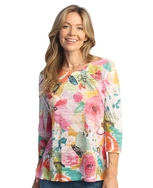 Jess & Jane Sangria Floral Sublimation Hi-Low Tunic (44-1893) WHT/PNK/TEAL