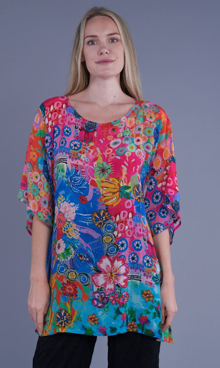 Shana Silk Viscose Mixed Floral Print Poncho Top (24436-PINK-6-VS545A) 