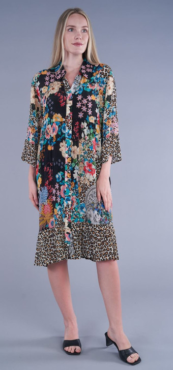 Shana Silk Viscose Floral/Cheetah Button Front Pocket Dress (2441-BLACK-6VS566A) BLK/MULTI