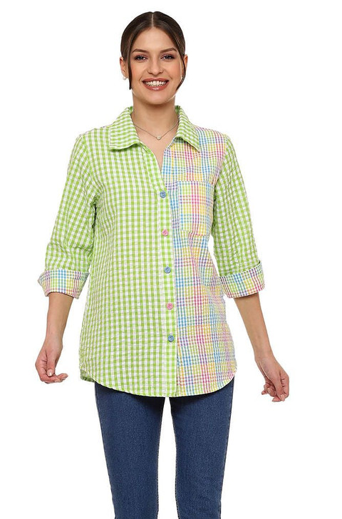 Parsley & Sage Zavie Mix Gingham/Plaid Shirt (24T42G) LIME/MULTI