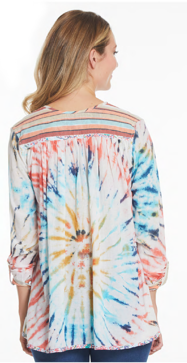 John Mark Tie Dye & Stripe Embroidered Tie Front Tunic (J14327T) MULTI