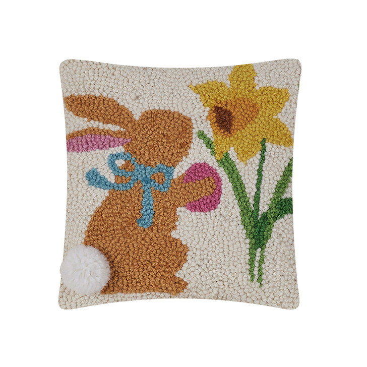 Rabbit with Pom Pom Tail Smelling  Flower Hook Pillow
