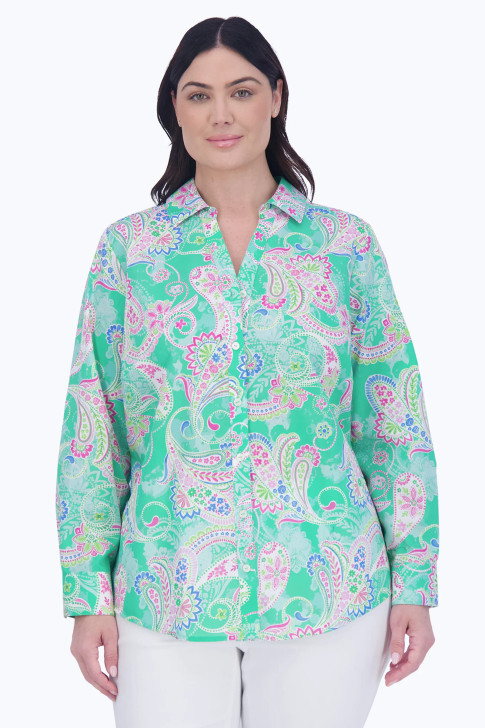 Foxcroft Plus Mary Green Paisley Shirt (201979)
