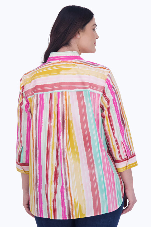 Foxcroft Plus Boyfriend Spring Watercolor Stripe Shirt (201835) MULTI