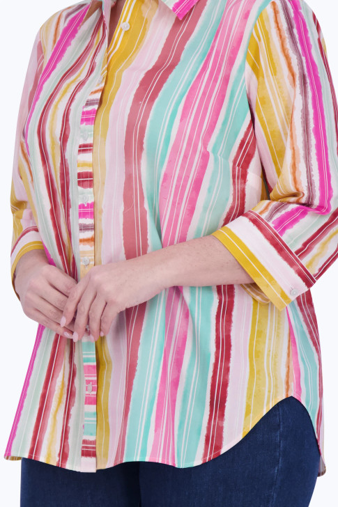 Foxcroft Plus Boyfriend Spring Watercolor Stripe Shirt (201835) MULTI